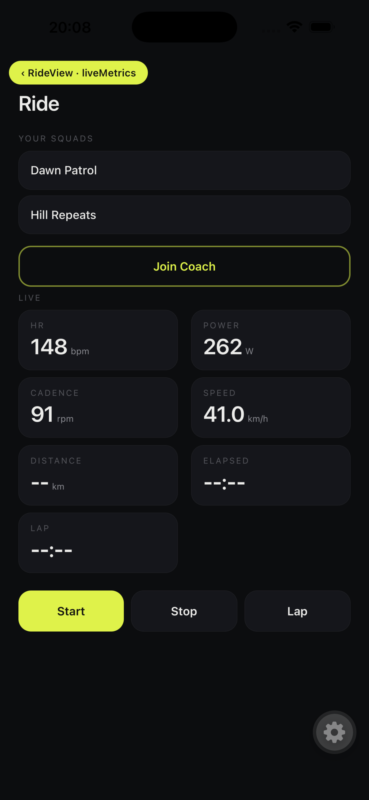 Serpin ride screen showing live heart rate, power, cadence and speed